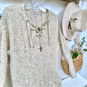 Comfy lounge snowy fox lace up cabin boho cable knit long sweater w country vibe